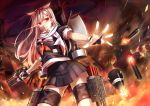  1girl bow cannon fingerless_gloves gloves hair_bow hair_ornament hairclip highres hika_(cross-angel) kantai_collection long_hair personification pink_hair pleated_skirt red_eyes school_uniform serafuku skirt solo torpedo turret yuudachi_(kantai_collection) 