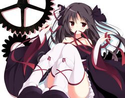  1girl black_hair blush gears hair_ornament hair_ribbon highres holding kajuu_aisu kikou_shoujo_wa_kizutsukanai long_hair mouth_hold red_eyes ribbon sandals silhouette solo thighhighs white_background white_legwear yaya_(kikou_shoujo_wa_kizutsukanai) 