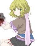  1girl arm_warmers arms_up blonde_hair blood censored green_eyes highres layered_dress looking_at_viewer looking_over_shoulder matsushiro_sasaka mizuhashi_parsee mosaic_censoring pointy_ears short_hair short_sleeves simple_background smile solo touhou white_background 
