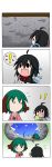  ! 2girls 4koma absurdres ahoge animal_ears asymmetrical_wings black_dress black_eyes black_hair blue_sky chibi cloudy_sky comic dress fang flying_sweatdrops green_hair hachimakirin highres houjuu_nue kasodani_kyouko megaphone multiple_girls open_mouth rain screaming silent_comic sky sweatdrop teruterubouzu touhou wings 