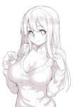  1girl blush_stickers breasts bust cleavage houtengeki large_breasts long_hair monochrome original rough simple_background smile solo sweater white_background 
