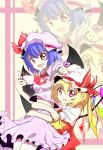  2girls absurdres ascot bat_wings blonde_hair blue_hair border breasts caibao cup fang flandre_scarlet hat hat_ribbon highres lifting_person looking_at_viewer midriff mob_cap multiple_girls open_mouth red_eyes remilia_scarlet ribbon short_hair siblings side_ponytail sisters skirt skirt_set spilling spoon sugar_cube teacup touhou wings zoom_layer 