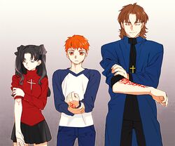  1girl 2boys black_hair brown_hair command_spell cross cross_necklace emiya_shirou fate/stay_night fate_(series) jewelry kotomine_kirei long_hair multiple_boys necklace orange_eyes orange_hair tam_(cuq) tohsaka_rin toosaka_rin two_side_up 