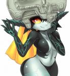  1girl blonde_hair breasts fang helmet imp long_hair mato_spectoru midna navel neon_trim no_nipples one_eye_covered pointy_ears red_eyes smile solo the_legend_of_zelda twilight_princess white_background wide_hips yellow_sclera 