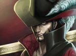  1boy absurdres black_hair close-up dracule_mihawk facial_hair goatee hat high_collar highres jewelry male necklace one_piece penator plume red_background ringed_eyes short_hair signature solo yellow_eyes 