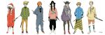  6+boys androgynous anklet black_hair blonde_hair blue_eyes boots bowtie coat drawstring facial_mark fedora floral_print freckles full_body fur_trim gloves hand_on_hip hands_in_pockets harem_pants hat heart highres horns jacket jewelry jumpsuit kneehighs light_brown_hair long_hair looking_at_viewer makkamu multiple_boys necklace neon_genesis_evangelion no_eyebrows orange_hair original pants pom_pom_(clothes) sachiel sandals scarf sheath sheathed shoes shorts side_ponytail signature single_earring sneakers standing star striped sunglasses sweater sword track_jacket weapon white_background white_hair 