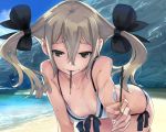  1girl beach bikini blonde_hair bow brown_eyes fukuda_tomonori hair_bow highres koujiro_frau looking_at_viewer ocean pocky robotics;notes scan scan_artifacts seductive_smile small_breasts smile solo sweat swimsuit twintails water 