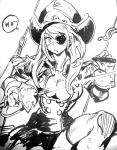  1girl blush breasts cigar cleavage eyepatch hat kilart long_hair monochrome pirate pirate_hat rapier sketch solo sword thighhighs weapon 