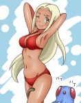  1girl arms_up bikini blonde_hair green_eyes kawauso_(hutomomo-4869) pokemon pokemon_(game) pokemon_xy swimmer_(pokemon) swimsuit tan tentacool 