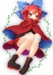  1girl bare_legs boots bow cape covered_mouth cross-laced_footwear hair_bow hands_on_knees highres red_eyes redhead sekibanki shirt skirt solo suzuka_sario touhou upskirt vines 