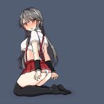  1girl alternate_costume black_hair black_legwear cuffs grey_background hairband haruna_(kantai_collection) kantai_collection long_hair panties pleated_skirt red_eyes red_skirt shackles simple_background skirt solo suspenders thigh-highs tun underwear white_hairband white_panties 
