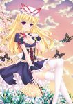  1girl alternate_costume blonde_hair blush breasts butterfly cherry_blossoms cleavage clouds dress fan folding_fan fred0092 hat highres long_hair looking_at_viewer red_eyes ribbon sitting sky smile solo touhou white_legwear wrist_cuffs yakumo_yukari 