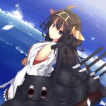  1girl ahoge bare_shoulders black_eyes black_hair detached_sleeves hairband japanese_clothes kantai_collection kongou_(kantai_collection) long_hair looking_at_viewer personification skirt smile solo turret ugume 