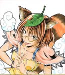  1girl animal_ears breasts brown_hair cleavage futatsuiwa_mamizou glasses grey_eyes hands_together highres koji_(koji-a) leaf leaf_on_head looking_at_viewer looking_up raccoon_ears raccoon_tail smile tail tongue tongue_out touhou yellow-framed_glasses 