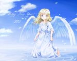  1girl 2013 angel angel_wings barefoot blonde_hair blue_eyes dress happy_new_year kahis_(sweetbriar) kneeling long_hair original sky smile solo wings 