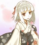  1girl albino bangs blunt_bangs blush bridal_gauntlets hair_ornament hand_on_own_chest ichi_hachi_rei_rei japanese_clothes kimono looking_at_viewer open_mouth red_eyes ribbon short_hair smile solo white_hair 