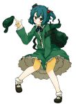  1girl amonitto backpack bag between_legs blush bomb dress frilled_skirt frills green_eyes green_hair hair_bobbles hair_ornament hand_between_legs hat hat_removed headwear_removed kawashiro_nitori key long_sleeves looking_at_viewer mary_janes open_mouth pigeon-toed pocket ribbon shirt shoes short_hair short_twintails skirt skirt_set skirt_up socks solo touhou twintails 