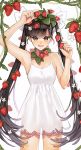  1girl aruterra bare_shoulders black_hair brown_eyes dress flower food food_as_clothes fruit hair_flower hair_ornament hair_ribbon highres leaf long_hair original ribbon smile strawberry twintails vines 