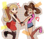  2girls akiyama_sai_fai black_legwear blonde_hair blue_eyes brown_hair cutoffs double_bun green_eyes heart high_tops holding_hands long_hair multiple_girls no_hat plaid plaid_background pleated_skirt pokemon pokemon_(game) pokemon_xy ponytail sana_(pokemon) serena_(pokemon) skirt thighhighs twintails very_long_hair yuri 