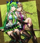  2girls ahoge blonde_hair blue_eyes bra detached_sleeves green_eyes green_hair hatsune_miku highres ia_(vocaloid) long_hair multiple_girls necktie panties pantyshot pantyshot_(sitting) see-through sitting skirt striped striped_bra striped_panties thighhighs twintails underwear very_long_hair vocaloid yuki_tarou 