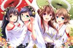  4girls bare_shoulders black_hair blue_eyes blush breasts brown_hair detached_sleeves double_bun flower glasses hairband haruna_(kantai_collection) headgear hiei_(kantai_collection) japanese_clothes kantai_collection kirishima_(kantai_collection) kongou_(kantai_collection) long_hair multiple_girls nontraditional_miko open_mouth oriental_umbrella personification ringo_ame short_hair skirt smile umbrella violet_eyes yellow_eyes 