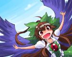  1girl bird_wings blue_sky bow brown_hair clouds collarbone hair_bow long_hair open_mouth outstretched_arms pink_eyes puffy_sleeves reiuji_utsuho shinapuu shirt short_sleeves skirt sky smile solo third_eye touhou very_long_hair 