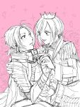  2girls armor christa_renz crown epaulettes floral_background flower hand_on_another&#039;s_shoulder holding holding_hand knight looking_at_another monochrome multiple_girls pink_background ponytail rose shingeki_no_kyojin short_hair short_ponytail tsuzuki_(flee_away) ymir_(shingeki_no_kyojin) 