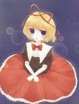  1girl blonde_hair blouse blue_background blue_eyes bow elbow_gloves ena_(ena228) gloves hair_ribbon highres light_particles looking_at_viewer medicine_melancholy ribbon short_hair short_sleeves simple_background skirt solo touhou 