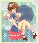  1girl brown_eyes brown_hair flower hagiwara_yukiho hairband idolmaster ribbon short_hair sitting smile solo wings 