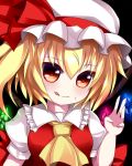  1girl :q amenomurakumo26 ascot black_background blonde_hair blouse blush bow bust collared_shirt facing_viewer flandre_scarlet frilled_hat frilled_shirt hair_between_eyes hat hat_bow hat_ribbon highres large_bow looking_at_viewer mob_cap puffy_sleeves red_eyes ribbon short_sleeves side_ponytail simple_background small_breasts smile solo sweat tongue touhou waving wings 