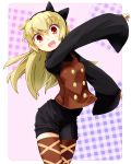  1girl adapted_costume alternate_costume alternate_hairstyle blonde_hair blush boots bow checkered checkered_background fangs hairband kurodani_yamame long_hair long_sleeves looking_at_viewer outstretched_arms pants purple_background red_eyes sala_mander shirt simple_background solo thighhighs touhou turtleneck wide_sleeves 