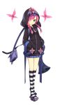  aoi_tsunami bag braid butterfly geta green_eyes hair_ornament hair_over_one_eye handbag hands_in_pockets hoodie megaphone original pink_hair skirt striped striped_kneehighs twin_braids 