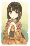  1girl bangs black_hair blunt_bangs blush hands_clasped hands_on_own_chest ichi_hachi_rei_rei japanese_clothes kimono looking_at_viewer open_mouth original red_eyes short_hair solo 