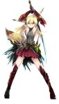  1girl absurdres arms_up black_gloves black_legwear blonde_hair bracer elbow_gloves flat_chest fox_tail full_body gloves greaves green_eyes haik highres long_hair multiple_belts original over_shoulder skirt sword sword_over_shoulder tabi tail weapon weapon_over_shoulder 