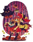  1girl blonde_hair braixen cape full_body halloween hat long_hair meowstic pokemon pokemon_(creature) pokemon_(game) pokemon_xy pumpkaboo pumpkin serena_(pokemon) shura_skill skirt sleeveless solo star sunglasses sunglasses_on_head trick_or_treat witch_hat 