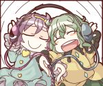  2girls blush_stickers breast_press green_hair headphones komeiji_koishi komeiji_satori monomi multiple_girls purple_hair siblings sisters smile symmetrical_docking touhou 