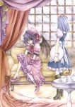  2girls apron ascot blue_hair boots chin_rest couch cup curtains dress gloves indoors izayoi_sakuya kawatsuki maid maid_headdress mob_cap multiple_girls pantyhose pink_dress puffy_sleeves red_eyes remilia_scarlet room short_sleeves silver_hair sitting teacup teapot touhou window 