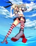  1girl absurdres black_panties blonde_hair botro elbow_gloves gloves hairband highres kantai_collection long_hair panties shimakaze_(kantai_collection) skirt solo striped thigh-highs underwear white_gloves 