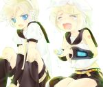  &gt;_&lt; 1boy 1girl arm_warmers belt blonde_hair blue_eyes brother_and_sister crying hairband headphones holding kagamine_len kagamine_rin leg_warmers musical_note oka_(umanihiki) open_mouth ponytail school_uniform serafuku short_hair short_sleeves shorts siblings sitting tears twins vocaloid 