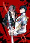  2boys black_hair blue_eyes epaulettes funp710 genderswap junketsu kill_la_kill kiryuuin_satsuki male matoi_ryuuko multicolored_hair multiple_boys senketsu sword two-tone_hair weapon 