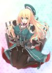  1girl atago_(kantai_collection) blonde_hair cannon dress gloves green_eyes hat highres kagerou_(shadowmage) kantai_collection leggings long_hair open_mouth solo 