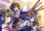  4girls ahoge armpits black_hair blue_eyes braid brown_hair detached_sleeves glasses green_eyes hairband haruna_(kantai_collection) hiei_(kantai_collection) japanese_clothes kantai_collection kirishima_(kantai_collection) kongou_(kantai_collection) machinery multiple_girls nontraditional_miko open_mouth oshiruko_(uminekotei) personification pointing red_eyes siblings sisters turret 