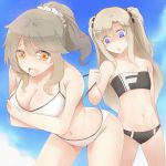  2girls :o bandeau bikini blonde_hair blue_eyes breasts brown_eyes brown_hair cleavage flat_chest large_breasts long_hair multiple_girls navel original ponytail scrunchie shaded_face sts swimsuit tears two_side_up wet 
