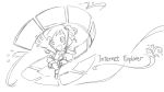  1girl aizawa_inori chibi collateral_damage_studios copyright_name internet_explorer looking_at_viewer monochrome open_mouth outstretched_arm personification sketch skirt smile solo tagme waha_(artist) 