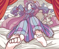  1girl ;&lt; barefoot hat lying monomi patchouli_knowledge purple_hair solo stuffed_animal stuffed_toy teddy_bear touhou violet_eyes wink 