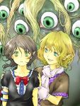  2girls alternate_eye_color arm_warmers black_hair blonde_hair blouse bow collarbone dress empty_eyes eyeballs green_eyes hands_on_another&#039;s_shoulders houjuu_nue looking_at_another looking_at_viewer matsushiro_sasaka mizuhashi_parsee multiple_girls open_mouth parted_lips pointy_ears scarf short_hair touhou 