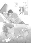  1boy 1girl bed blush comic facial_hair long_hair makise_kurisu miya_(hooooo) monochrome okabe_rintarou pillow short_hair smile steins;gate stubble translation_request 