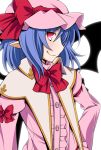  1girl adapted_costume arm_ribbon bat_wings blue_hair bow capelet dress eichi_yuu fang hat hat_ribbon juliet_sleeves long_sleeves mob_cap pink_dress pink_eyes pointy_ears profile puffy_sleeves remilia_scarlet ribbon simple_background smile solo touhou white_background wings 