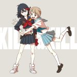  2girls black_hair blue_eyes brown_eyes brown_hair gloves kill_la_kill living_clothes mankanshoku_mako matoi_ryuuko midriff multicolored_hair multiple_girls navel school_uniform senketsu serafuku short_hair skirt smile suspenders two-tone_hair 