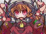 1girl blonde_hair flandre_scarlet hat hat_ribbon monomi outstretched_arms red_eyes ribbon solo tongue tongue_out touhou wings 